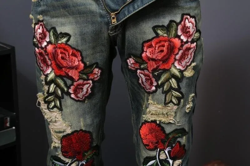 Men's Flower Embroidery Skinny Jeans