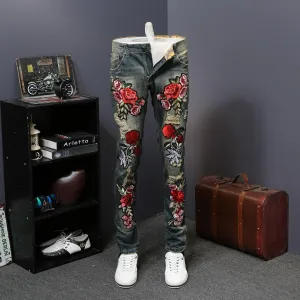 Men's Flower Embroidery Skinny Jeans