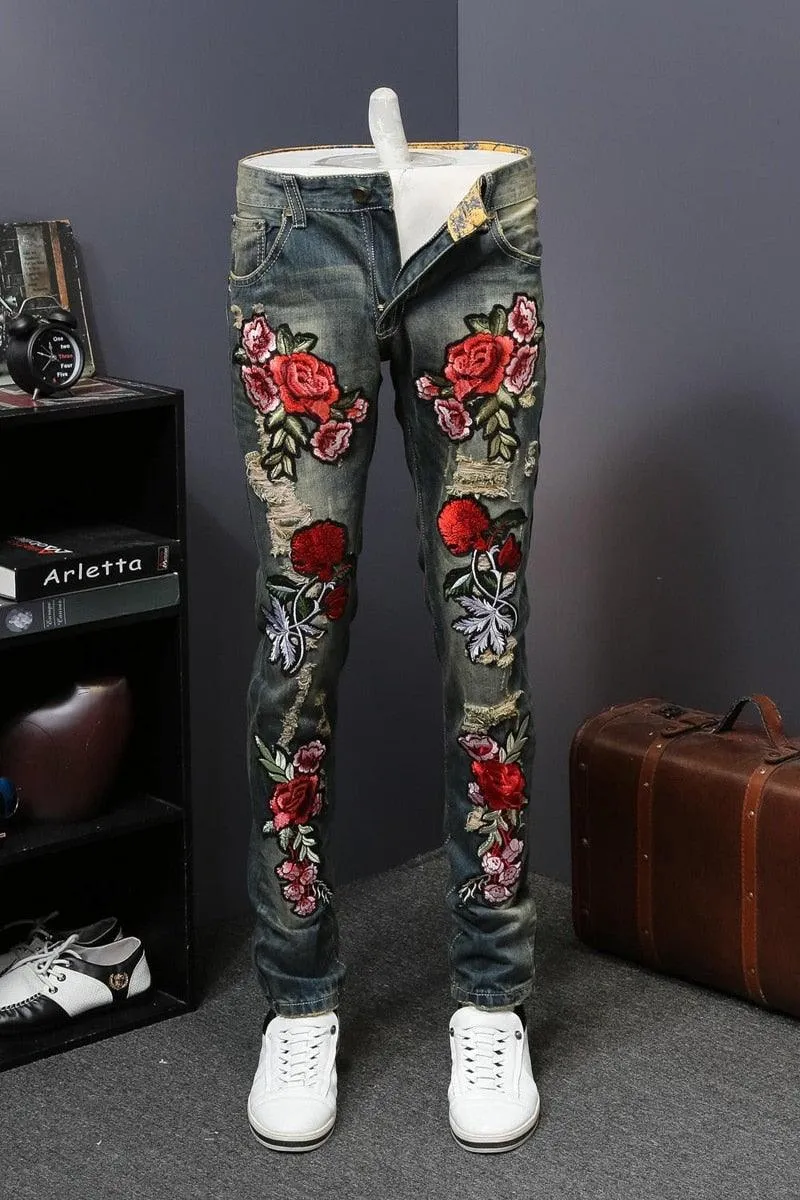 Men's Flower Embroidery Skinny Jeans