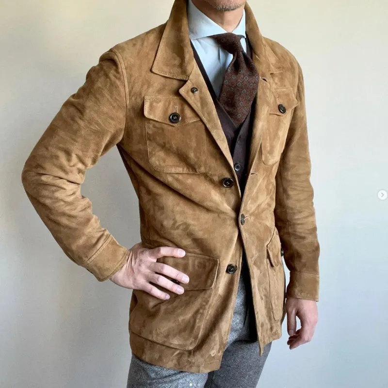 Men's Vintage Solid Suede Lapel Multi-Pocket Jacket 68521048Y
