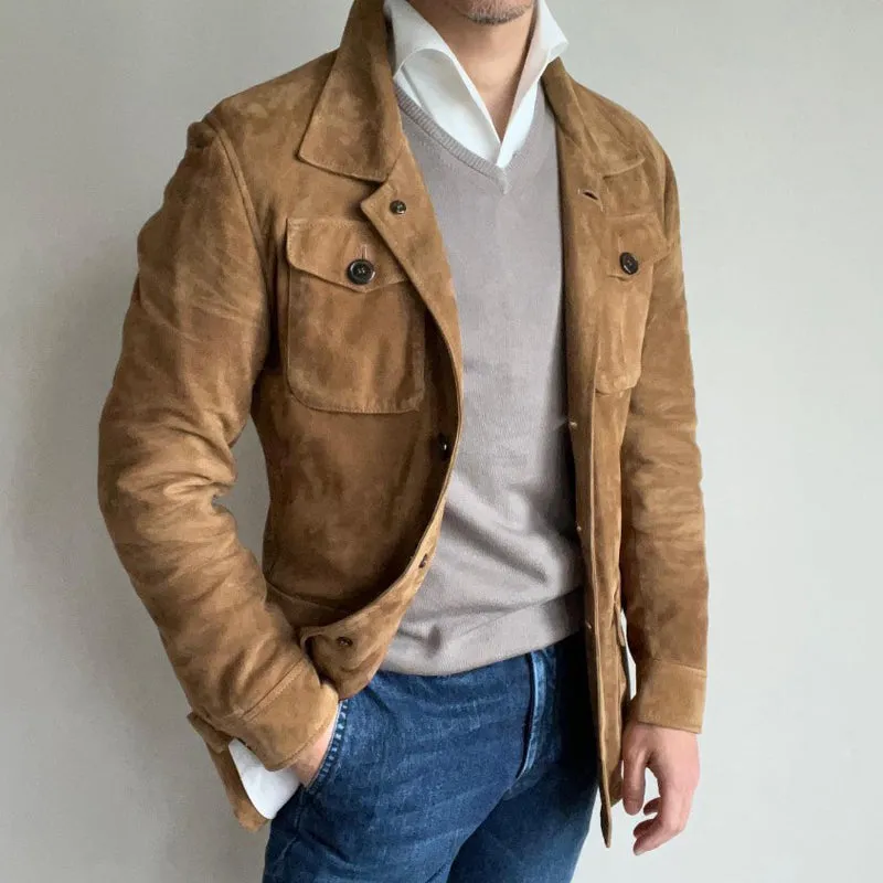 Men's Vintage Solid Suede Lapel Multi-Pocket Jacket 68521048Y