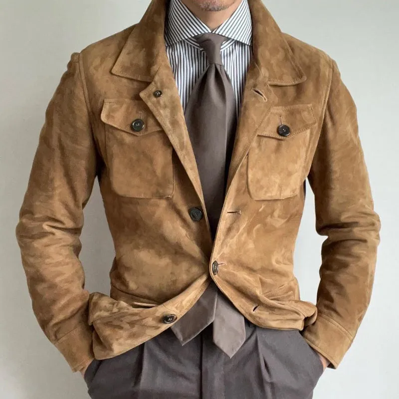Men's Vintage Solid Suede Lapel Multi-Pocket Jacket 68521048Y