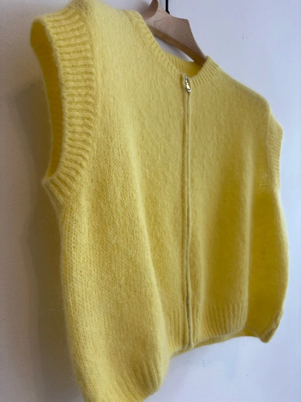 Mohair Sleeveless Zip Up Cardigan Yellow