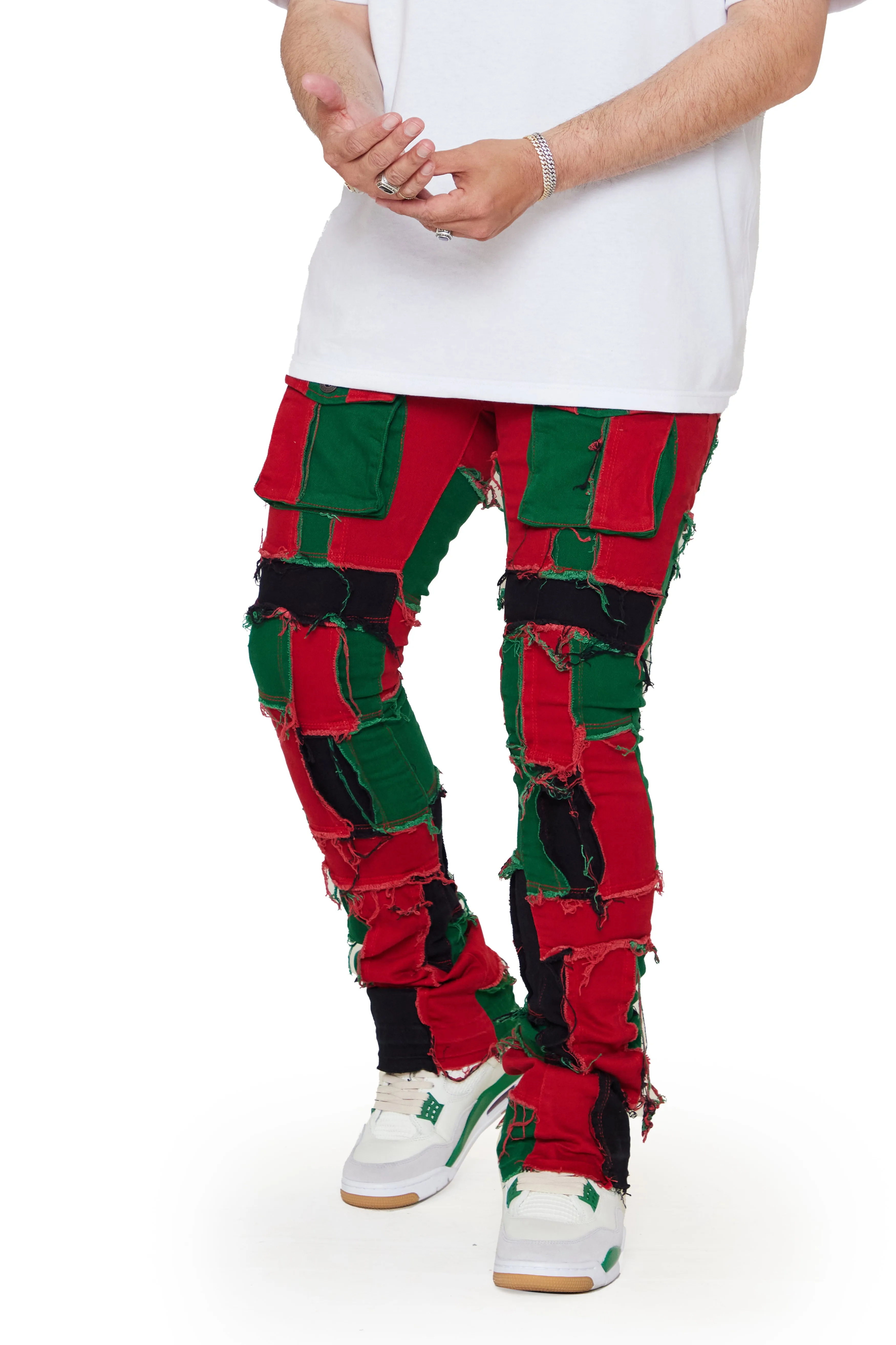 “OVATION” RED/GREEN STACKED FLARE JEAN