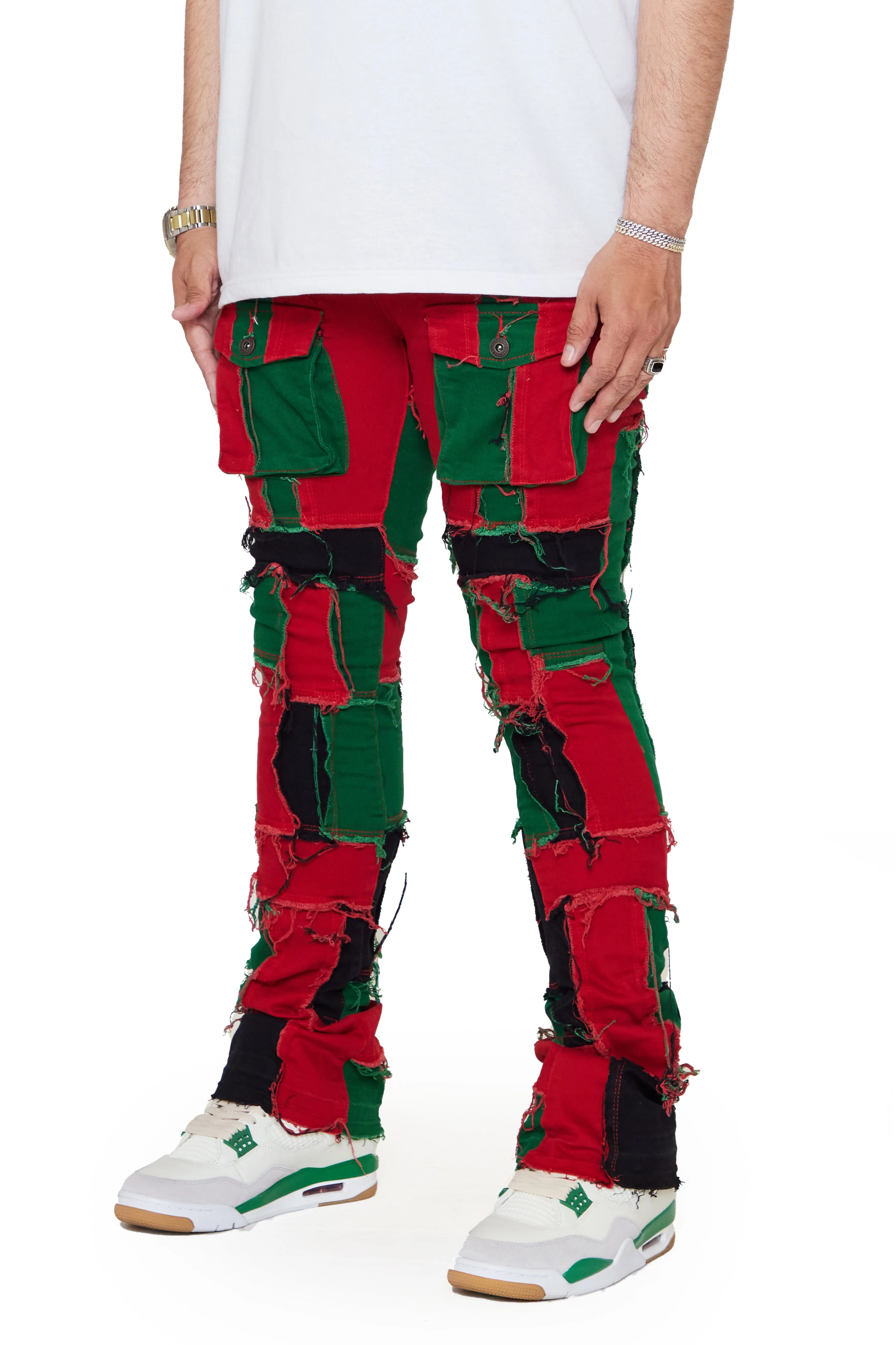 “OVATION” RED/GREEN STACKED FLARE JEAN