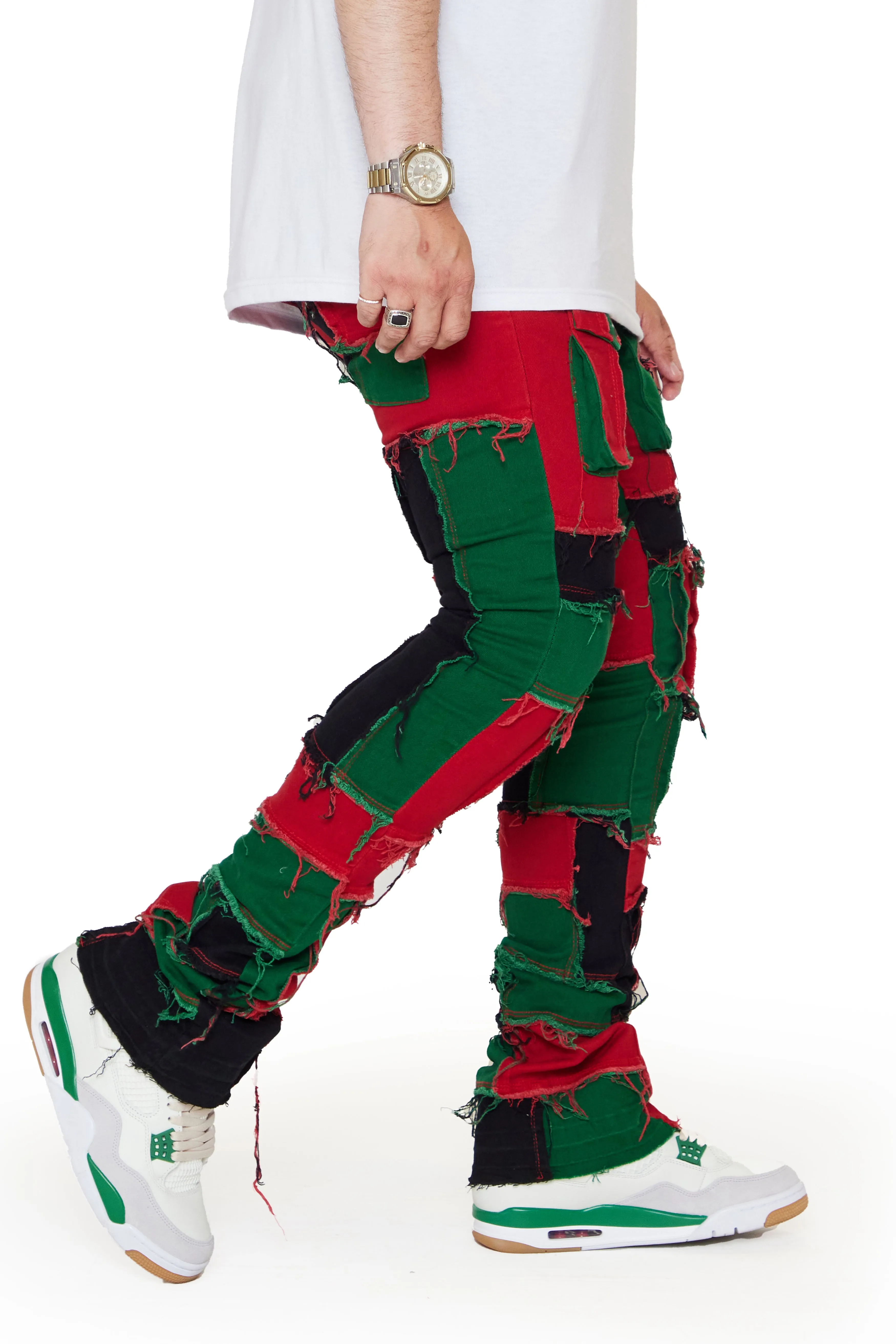 “OVATION” RED/GREEN STACKED FLARE JEAN