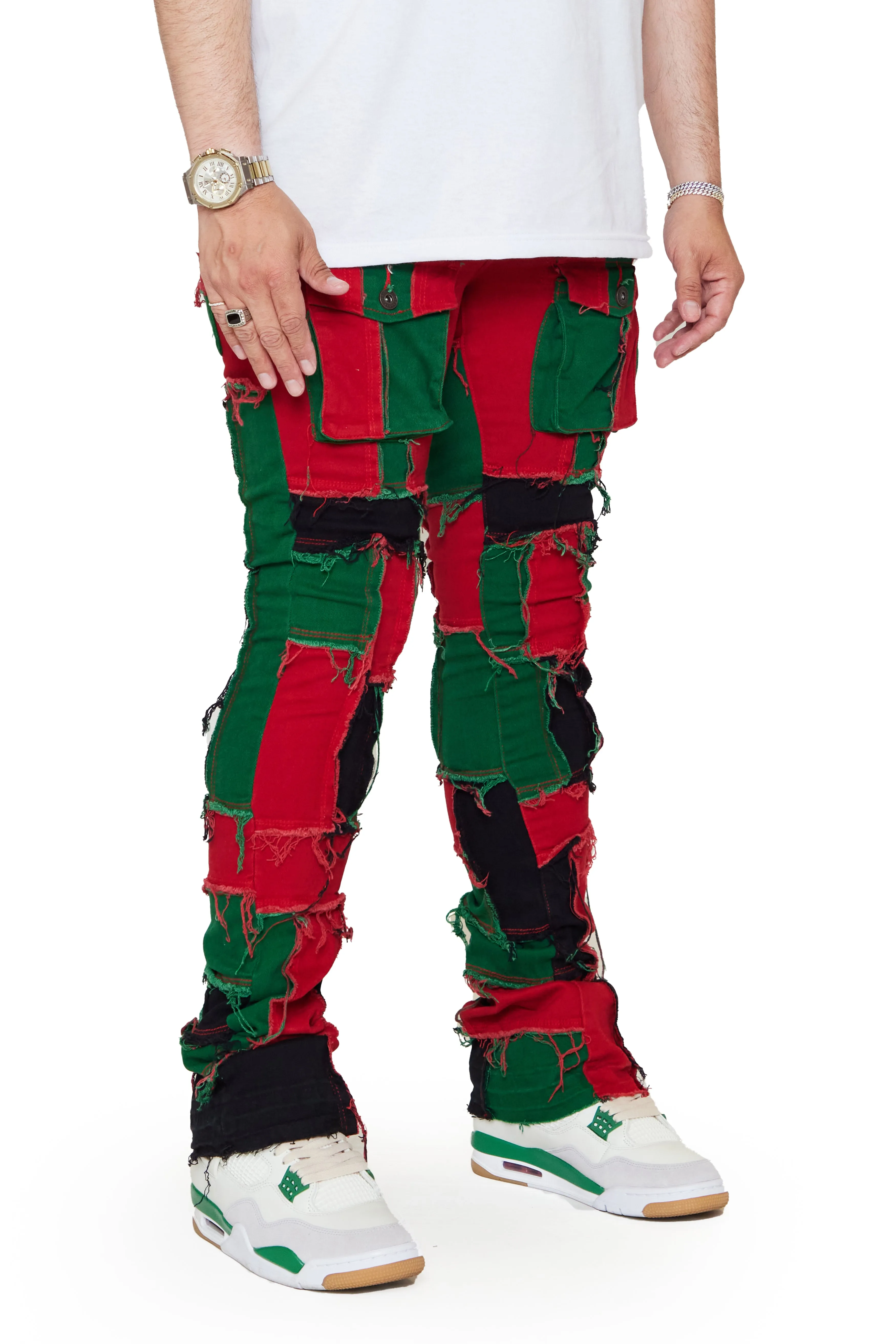 “OVATION” RED/GREEN STACKED FLARE JEAN