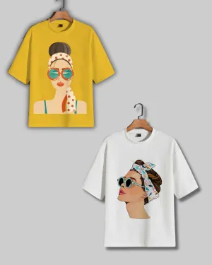 Pack of 2 Women's Oversized Tees - Sunglass Girl & Goggy Design