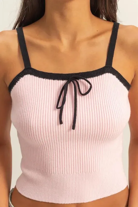 Pink and Black Contrast Square Neck Ribbed Knit Tank Top