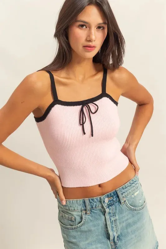 Pink and Black Contrast Square Neck Ribbed Knit Tank Top