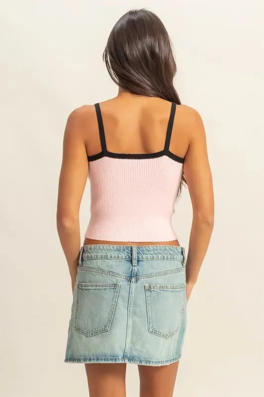 Pink and Black Contrast Square Neck Ribbed Knit Tank Top