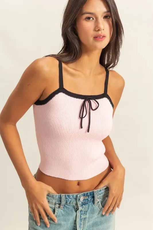 Pink and Black Contrast Square Neck Ribbed Knit Tank Top