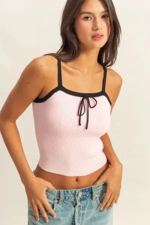 Pink and Black Contrast Square Neck Ribbed Knit Tank Top