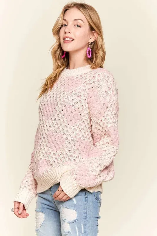 Pink and Ivory Sequin Heart Openwork Sweater