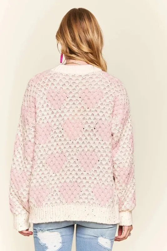 Pink and Ivory Sequin Heart Openwork Sweater