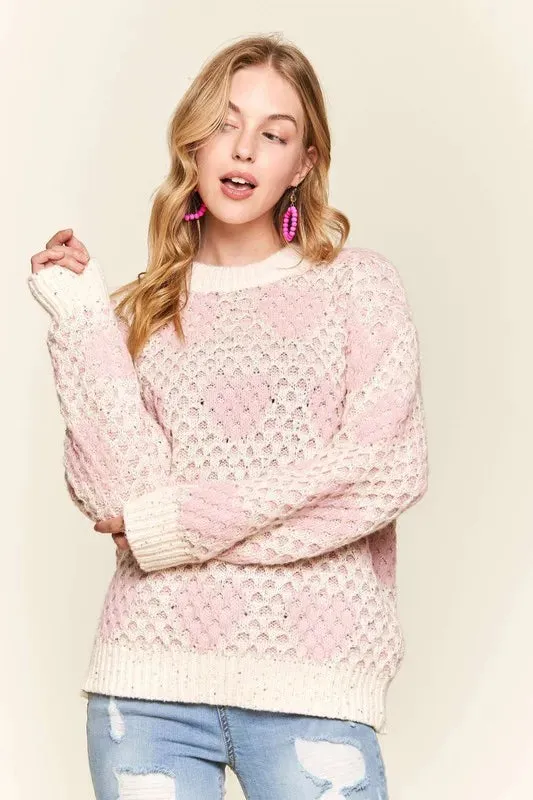Pink and Ivory Sequin Heart Openwork Sweater