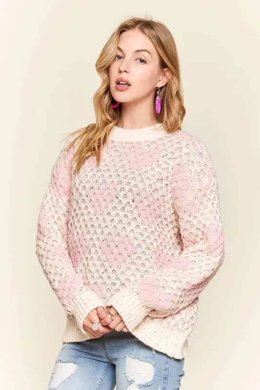 Pink and Ivory Sequin Heart Openwork Sweater