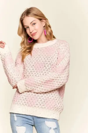 Pink and Ivory Sequin Heart Openwork Sweater