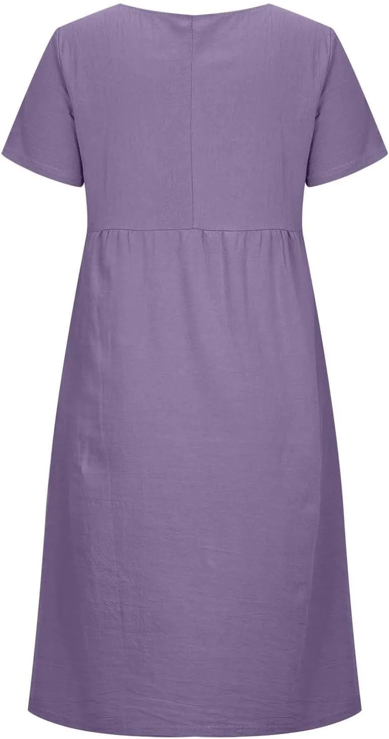 Plus Size Spring Dresses Casual Short Sleeve Loose Cotton Dress Comfy Crew Neck Midi Dress Beach Dress with Pockets