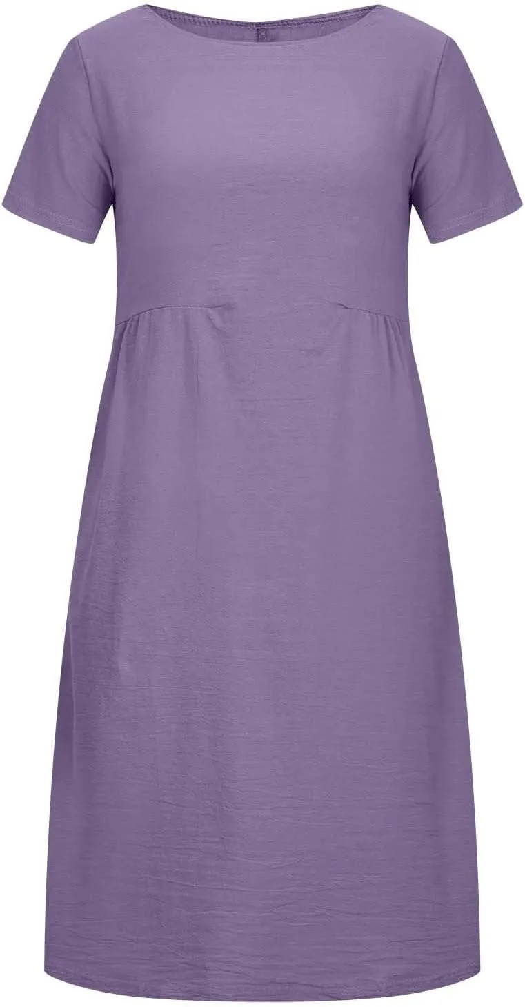 Plus Size Spring Dresses Casual Short Sleeve Loose Cotton Dress Comfy Crew Neck Midi Dress Beach Dress with Pockets
