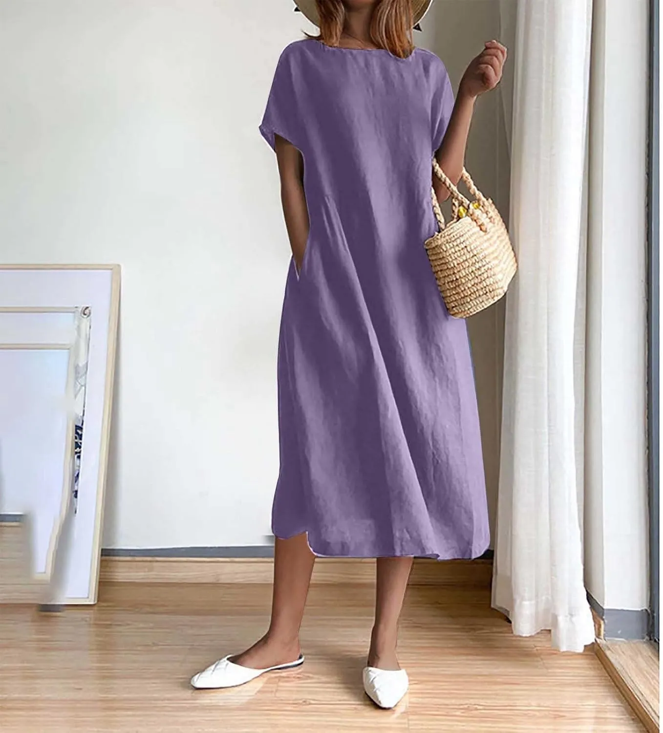 Plus Size Spring Dresses Casual Short Sleeve Loose Cotton Dress Comfy Crew Neck Midi Dress Beach Dress with Pockets