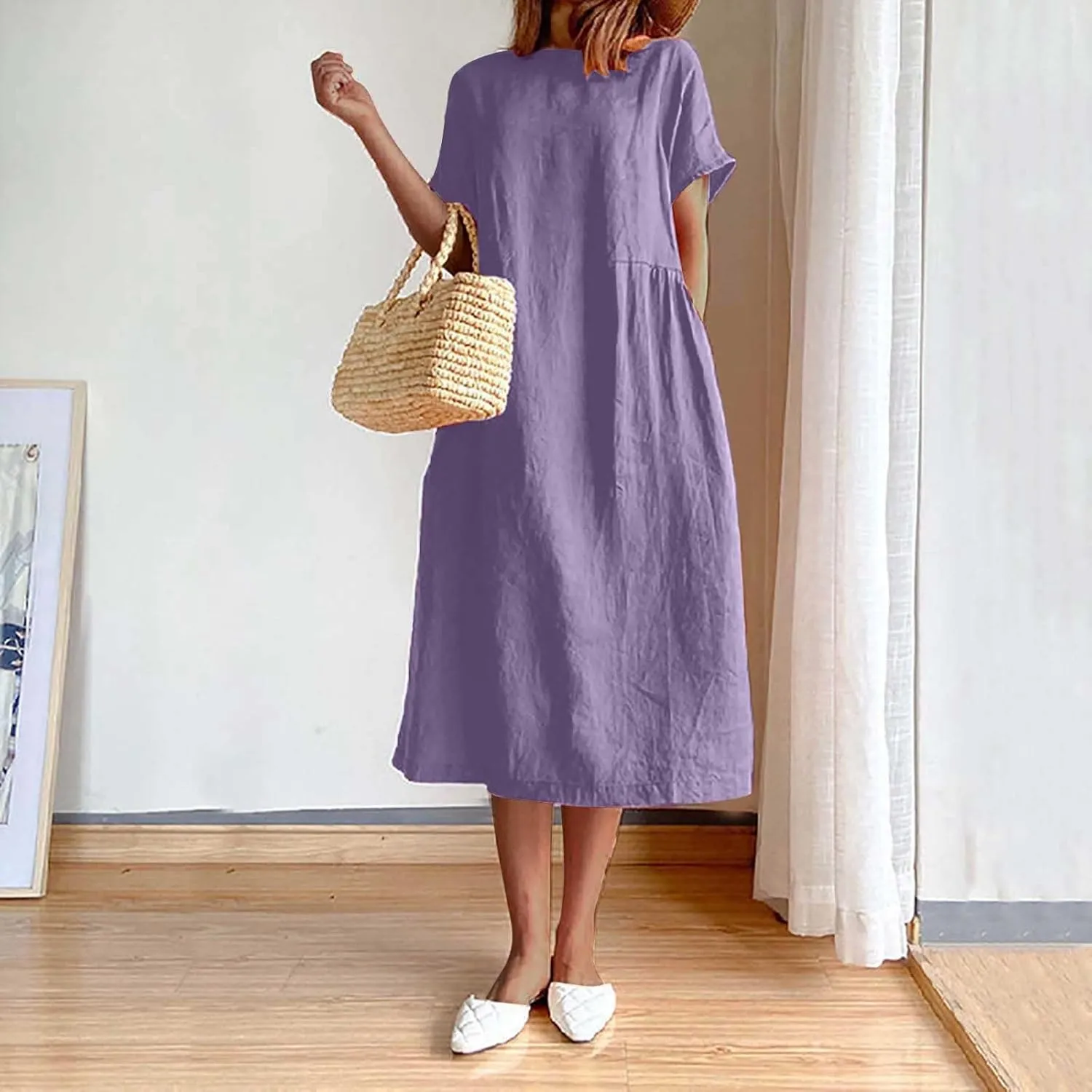 Plus Size Spring Dresses Casual Short Sleeve Loose Cotton Dress Comfy Crew Neck Midi Dress Beach Dress with Pockets