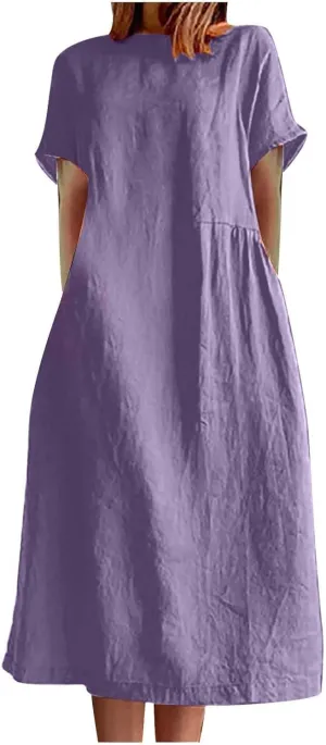 Plus Size Spring Dresses Casual Short Sleeve Loose Cotton Dress Comfy Crew Neck Midi Dress Beach Dress with Pockets