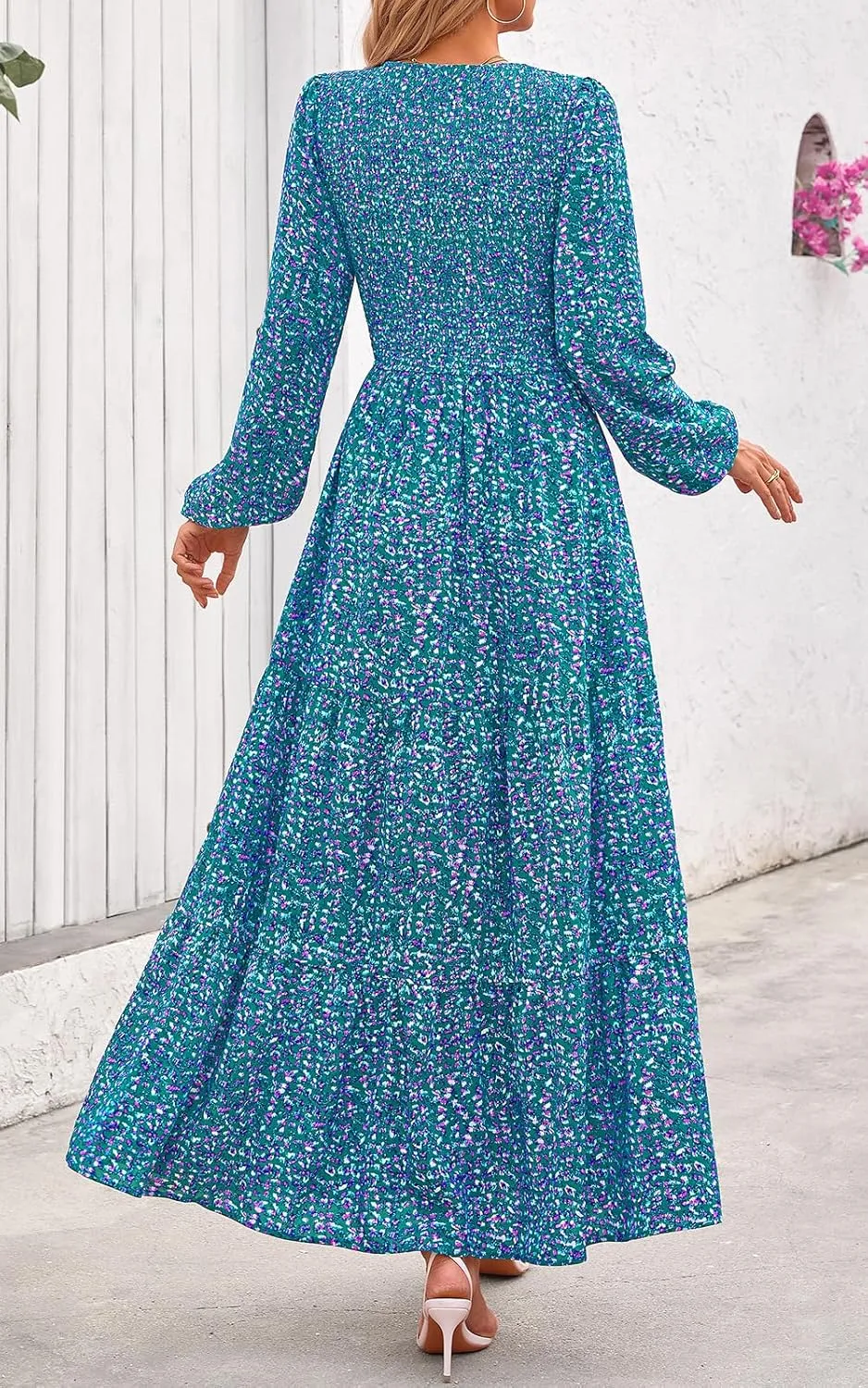 PRETTYGARDEN Women's Spring Dresses 2025 Long Sleeve Flowy Casual Floral Maxi Dress Crew Neck Smocked Tiered Long Dress