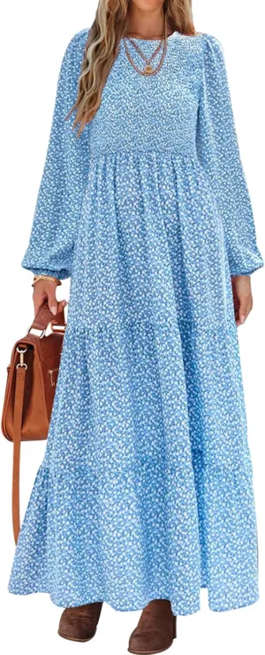 PRETTYGARDEN Women's Spring Dresses 2025 Long Sleeve Flowy Casual Floral Maxi Dress Crew Neck Smocked Tiered Long Dress