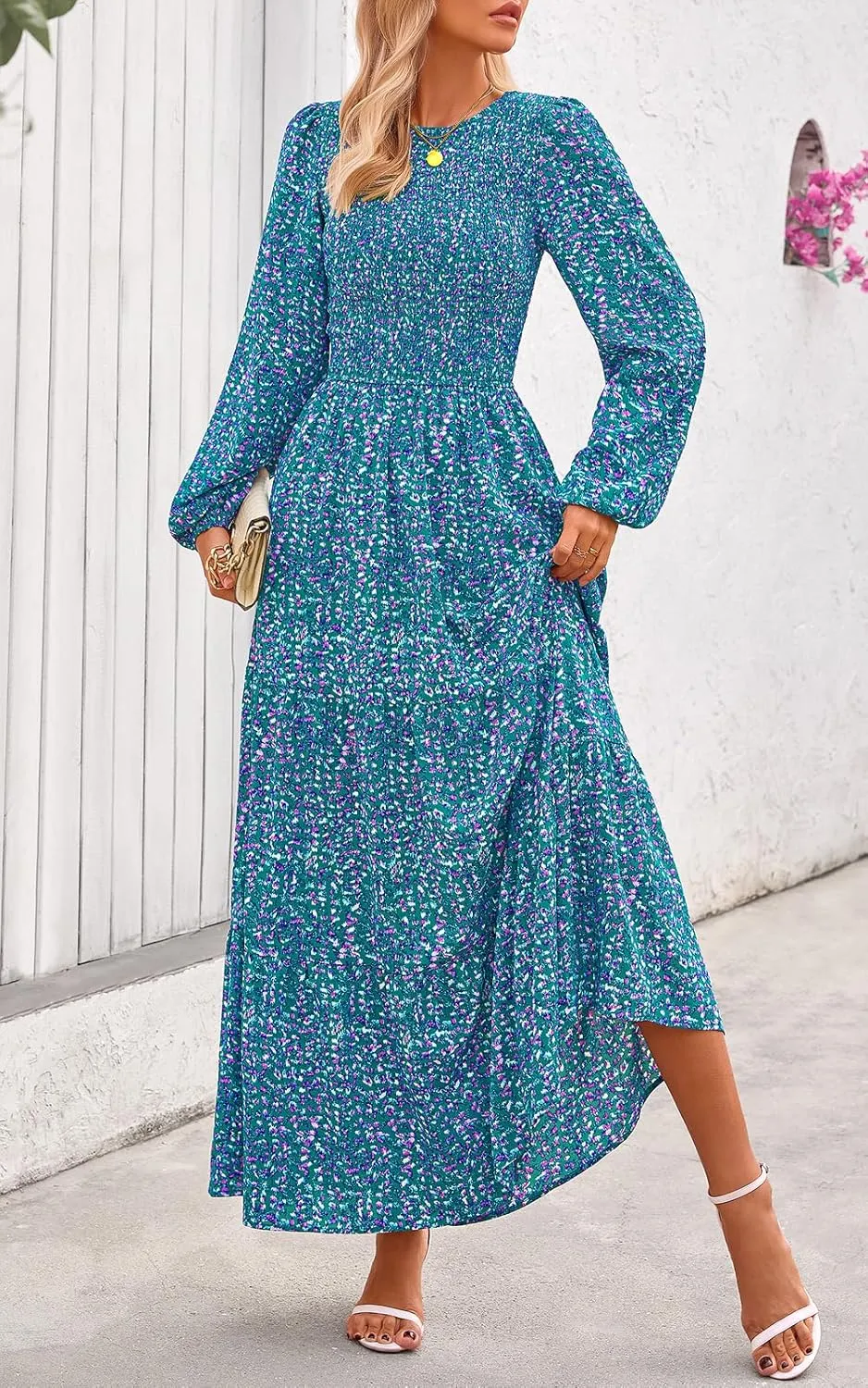 PRETTYGARDEN Women's Spring Dresses 2025 Long Sleeve Flowy Casual Floral Maxi Dress Crew Neck Smocked Tiered Long Dress
