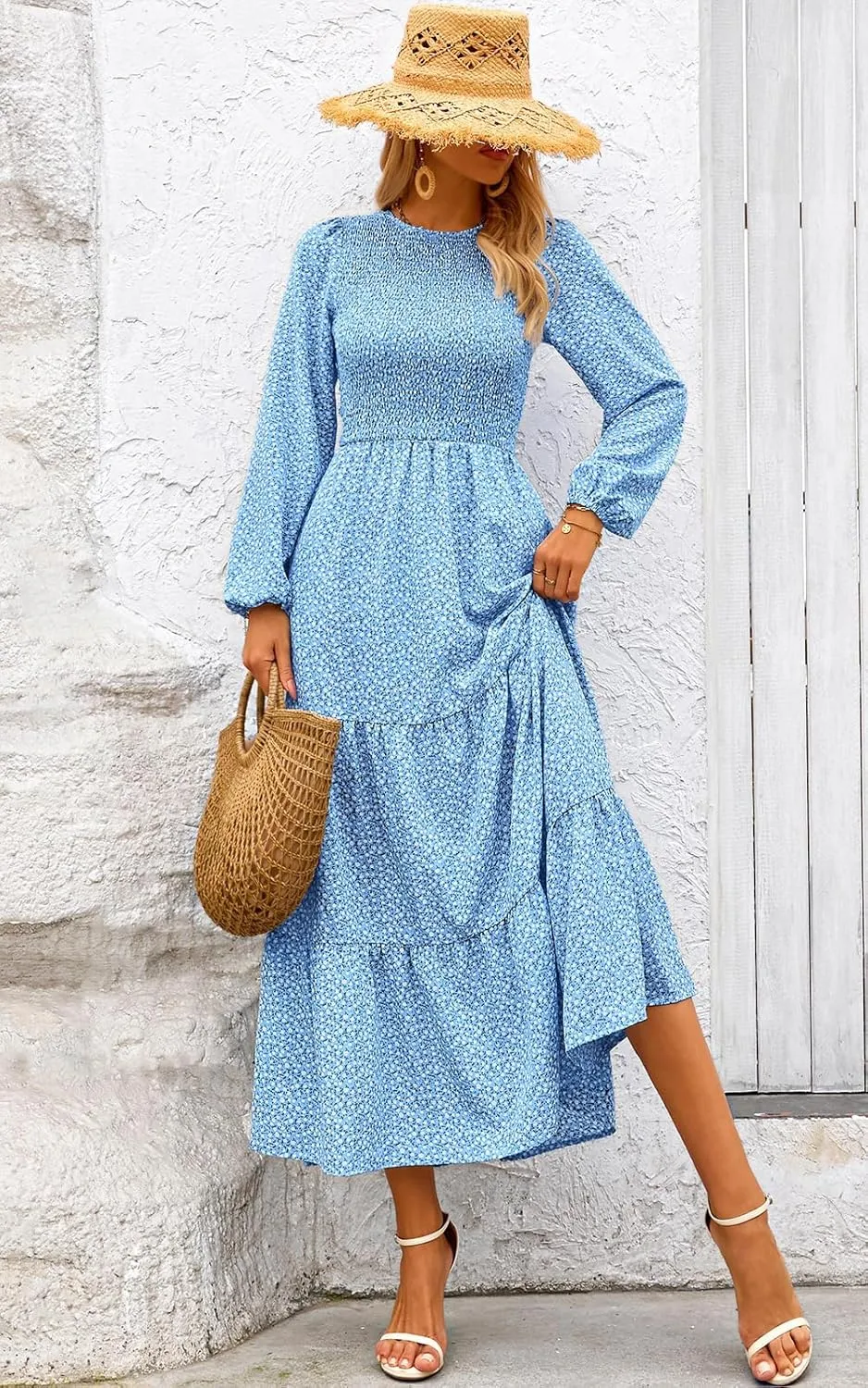 PRETTYGARDEN Women's Spring Dresses 2025 Long Sleeve Flowy Casual Floral Maxi Dress Crew Neck Smocked Tiered Long Dress