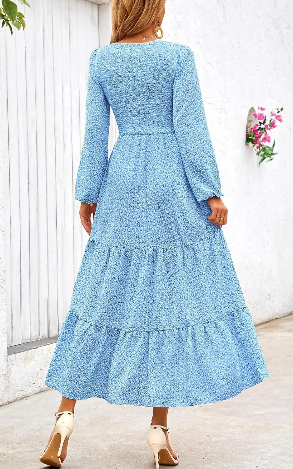 PRETTYGARDEN Women's Spring Dresses 2025 Long Sleeve Flowy Casual Floral Maxi Dress Crew Neck Smocked Tiered Long Dress