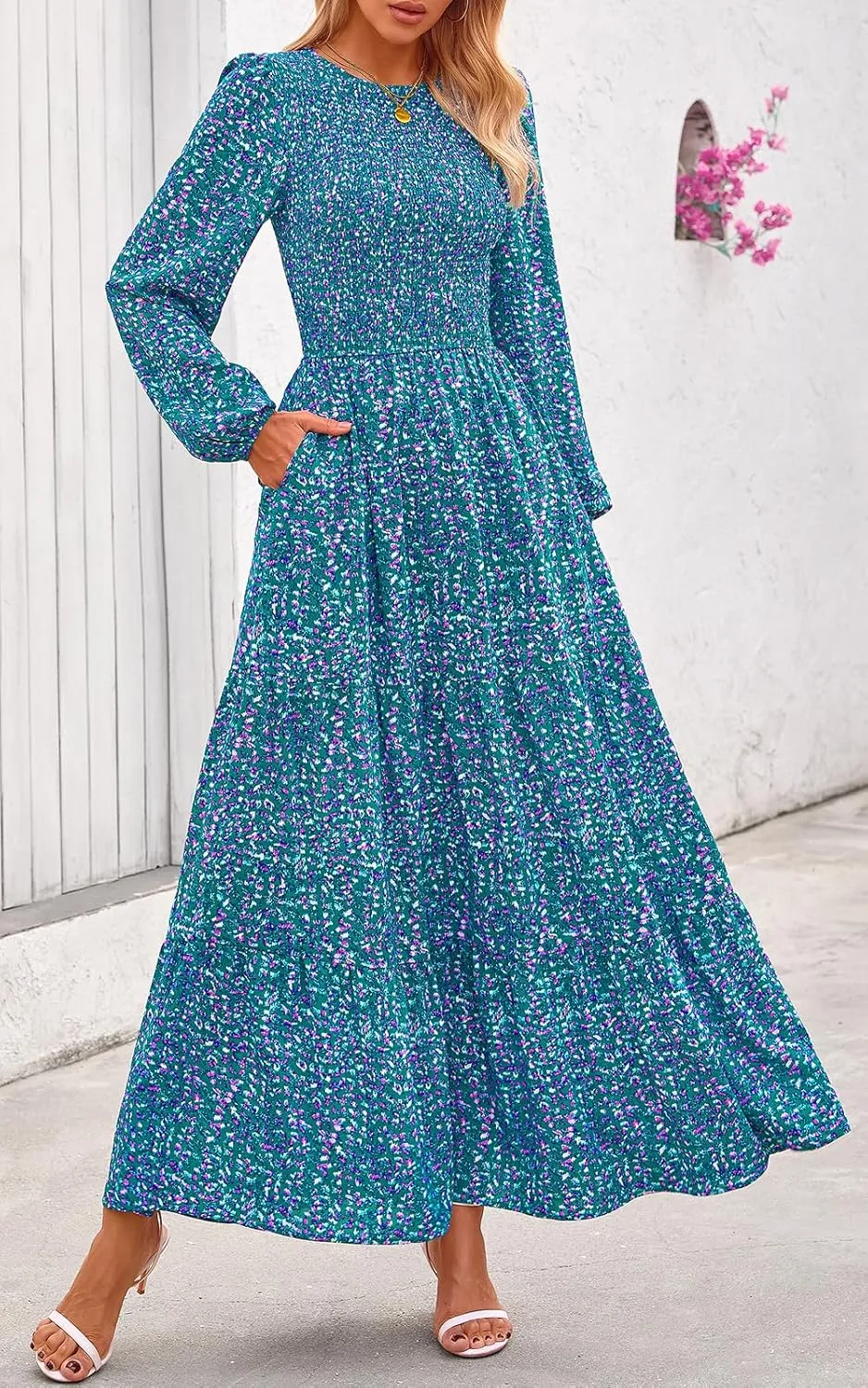 PRETTYGARDEN Women's Spring Dresses 2025 Long Sleeve Flowy Casual Floral Maxi Dress Crew Neck Smocked Tiered Long Dress