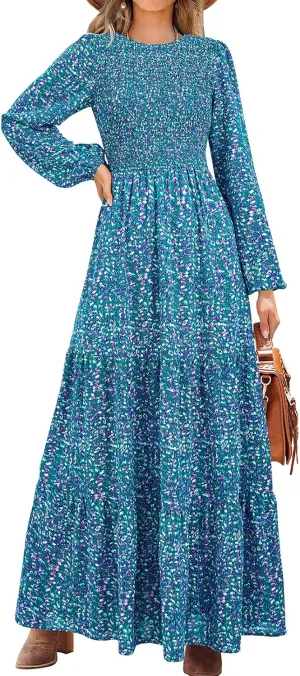 PRETTYGARDEN Women's Spring Dresses 2025 Long Sleeve Flowy Casual Floral Maxi Dress Crew Neck Smocked Tiered Long Dress