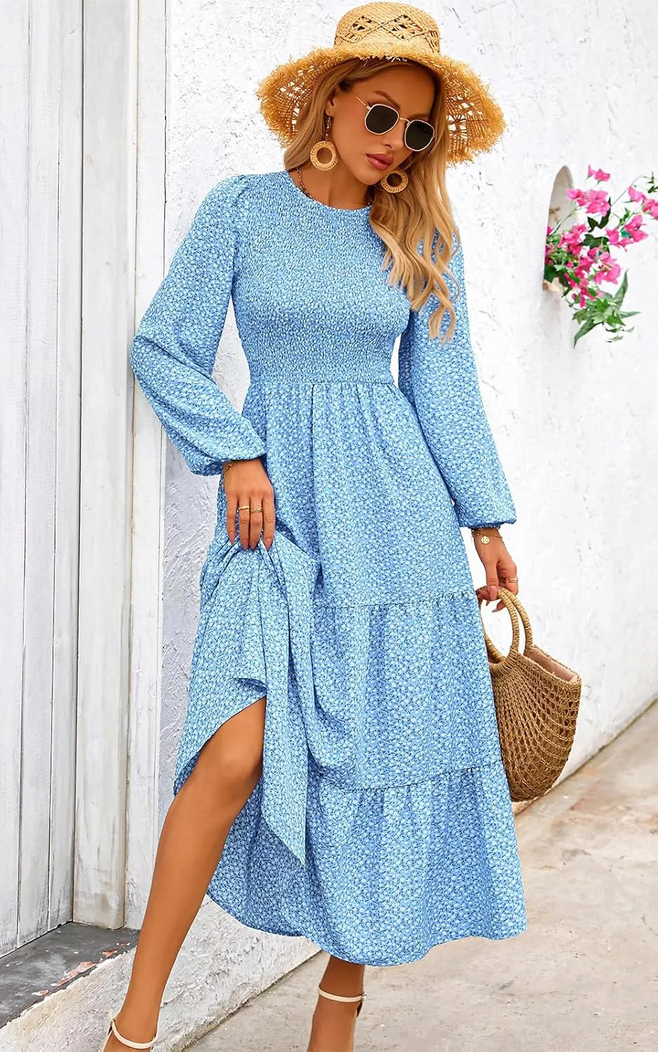 PRETTYGARDEN Women's Spring Dresses 2025 Long Sleeve Flowy Casual Floral Maxi Dress Crew Neck Smocked Tiered Long Dress