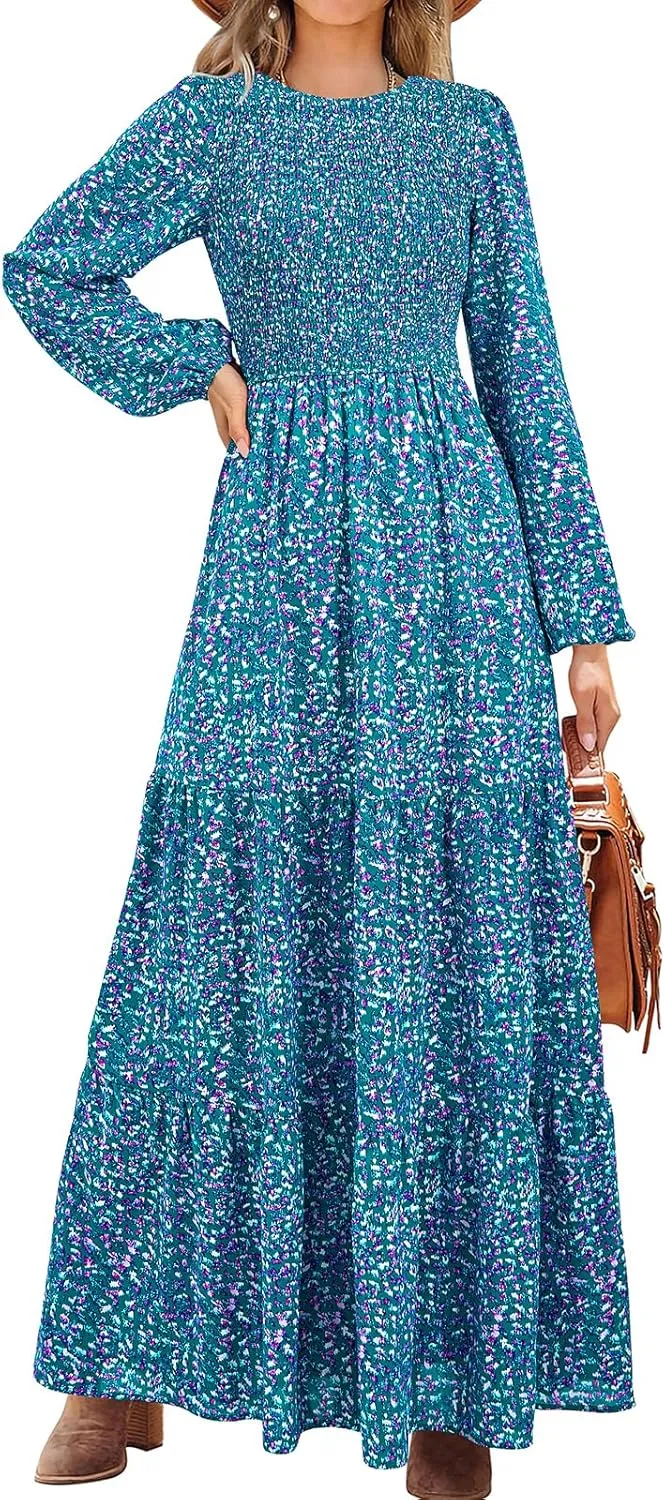 PRETTYGARDEN Women's Spring Dresses 2025 Long Sleeve Flowy Casual Floral Maxi Dress Crew Neck Smocked Tiered Long Dress