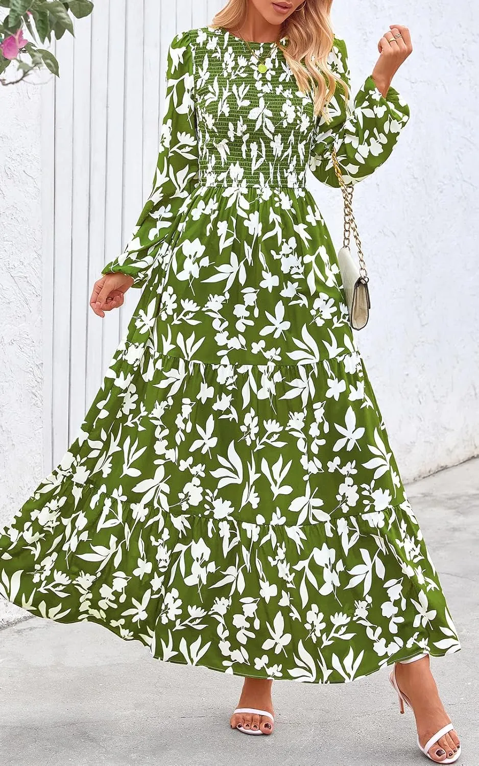 PRETTYGARDEN Women's Spring Dresses 2025 Long Sleeve Flowy Casual Floral Maxi Dress Crew Neck Smocked Tiered Long Dress