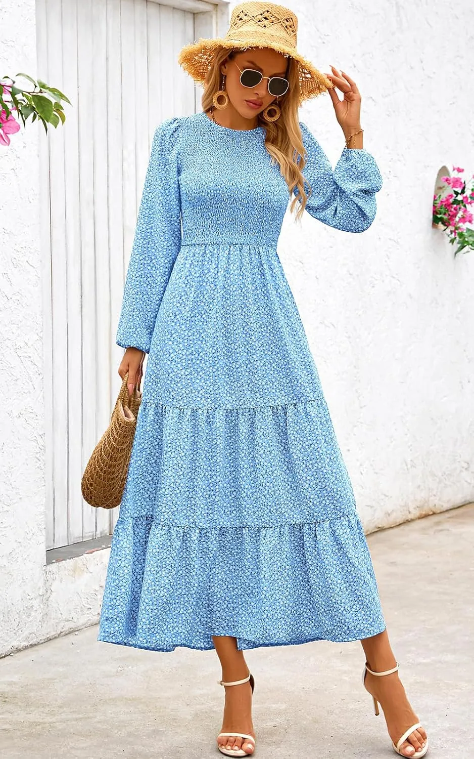 PRETTYGARDEN Women's Spring Dresses 2025 Long Sleeve Flowy Casual Floral Maxi Dress Crew Neck Smocked Tiered Long Dress