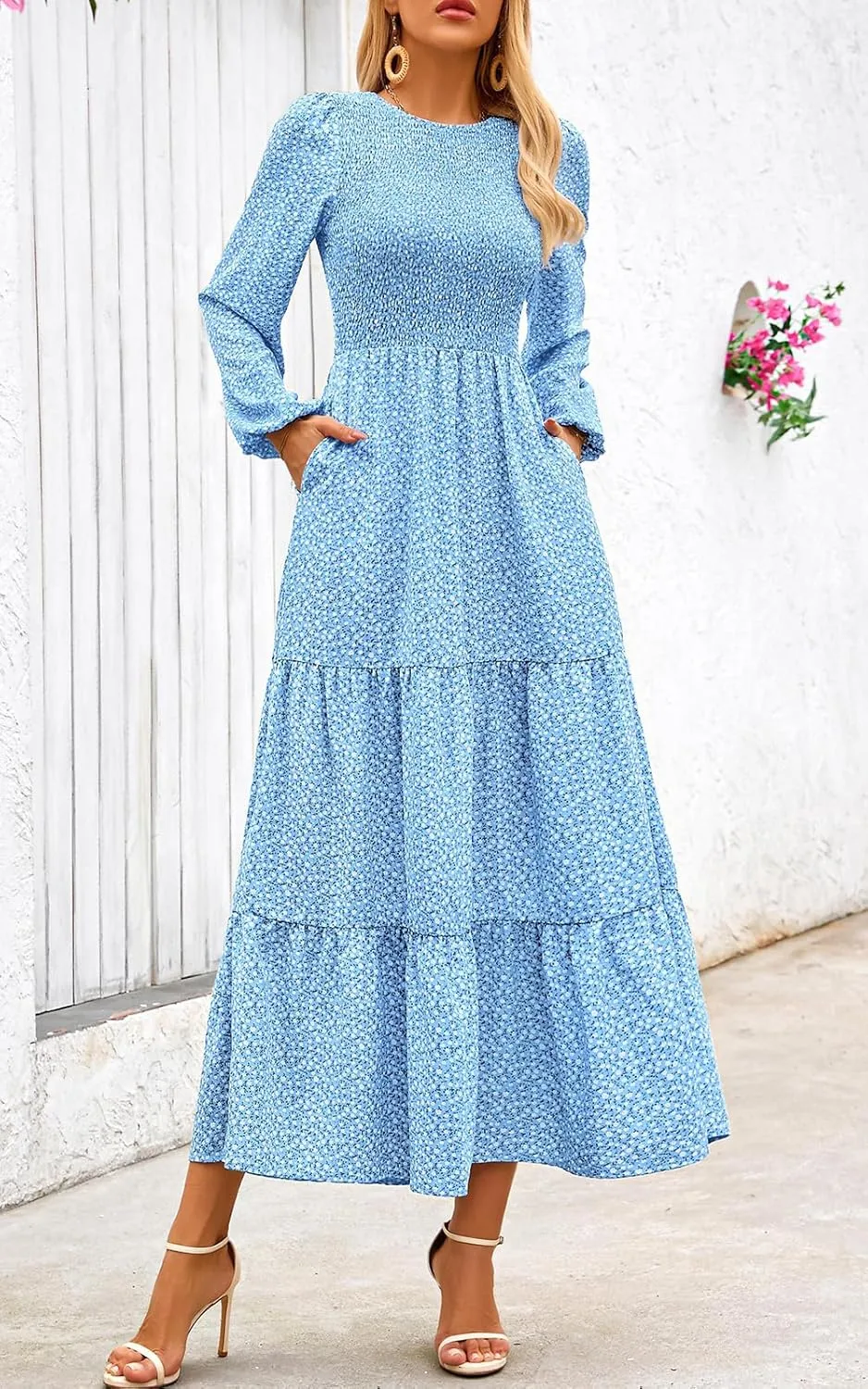 PRETTYGARDEN Women's Spring Dresses 2025 Long Sleeve Flowy Casual Floral Maxi Dress Crew Neck Smocked Tiered Long Dress