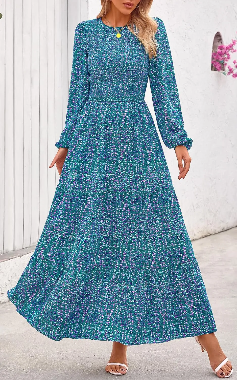 PRETTYGARDEN Women's Spring Dresses 2025 Long Sleeve Flowy Casual Floral Maxi Dress Crew Neck Smocked Tiered Long Dress