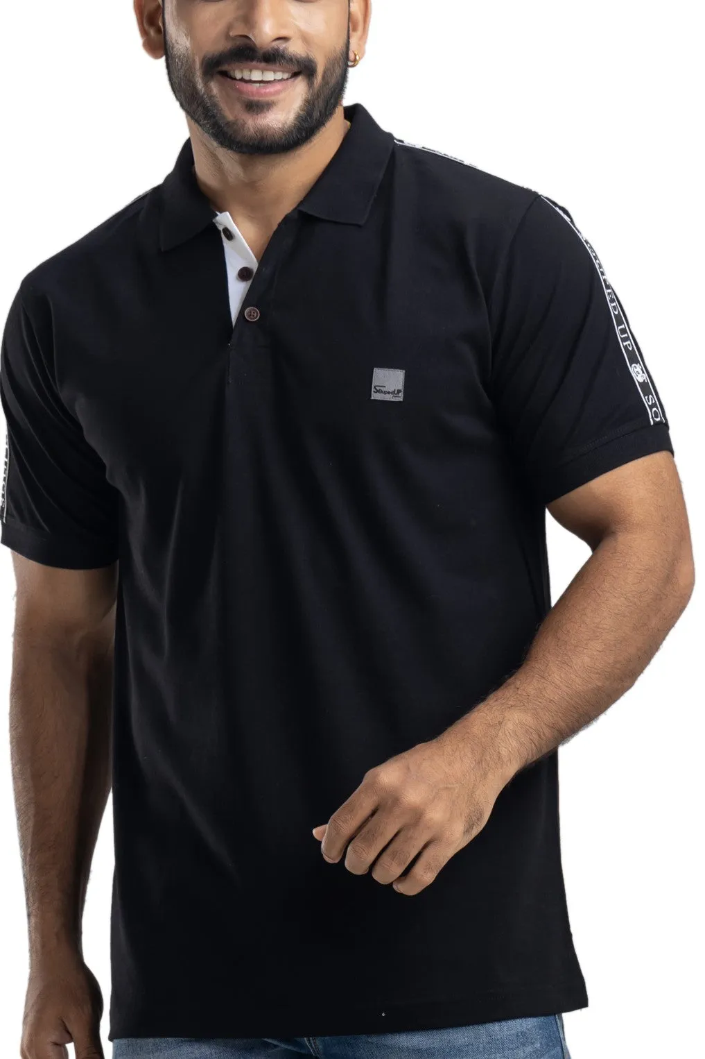 Solid Black Half Sleeves Cotton Polo T-Shirt