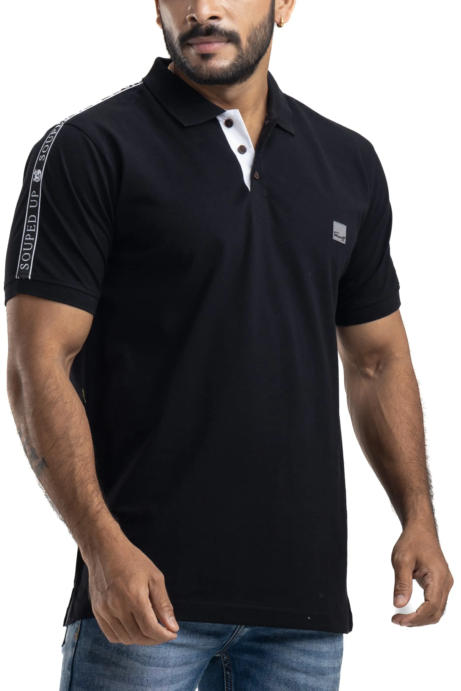 Solid Black Half Sleeves Cotton Polo T-Shirt