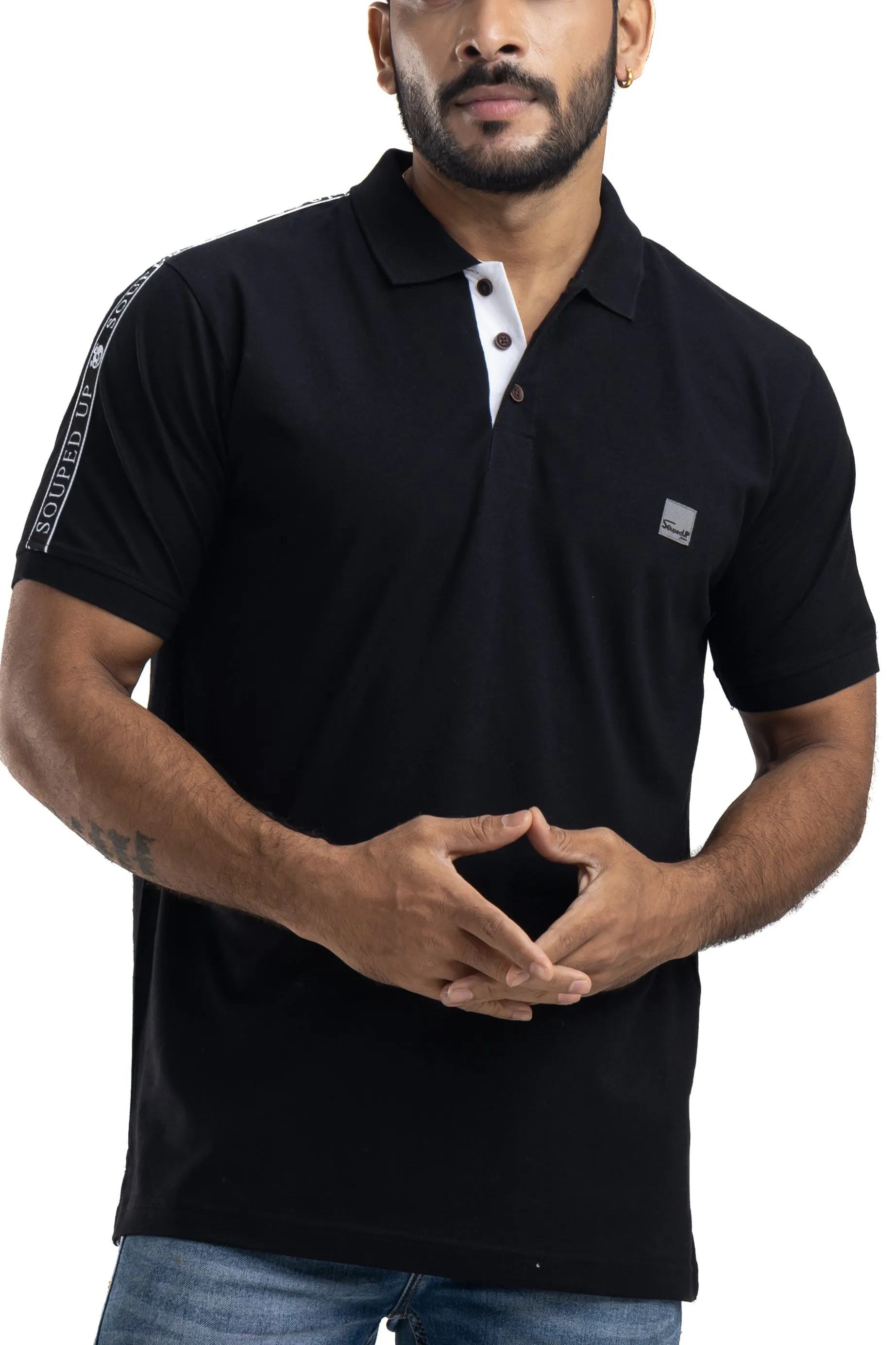 Solid Black Half Sleeves Cotton Polo T-Shirt