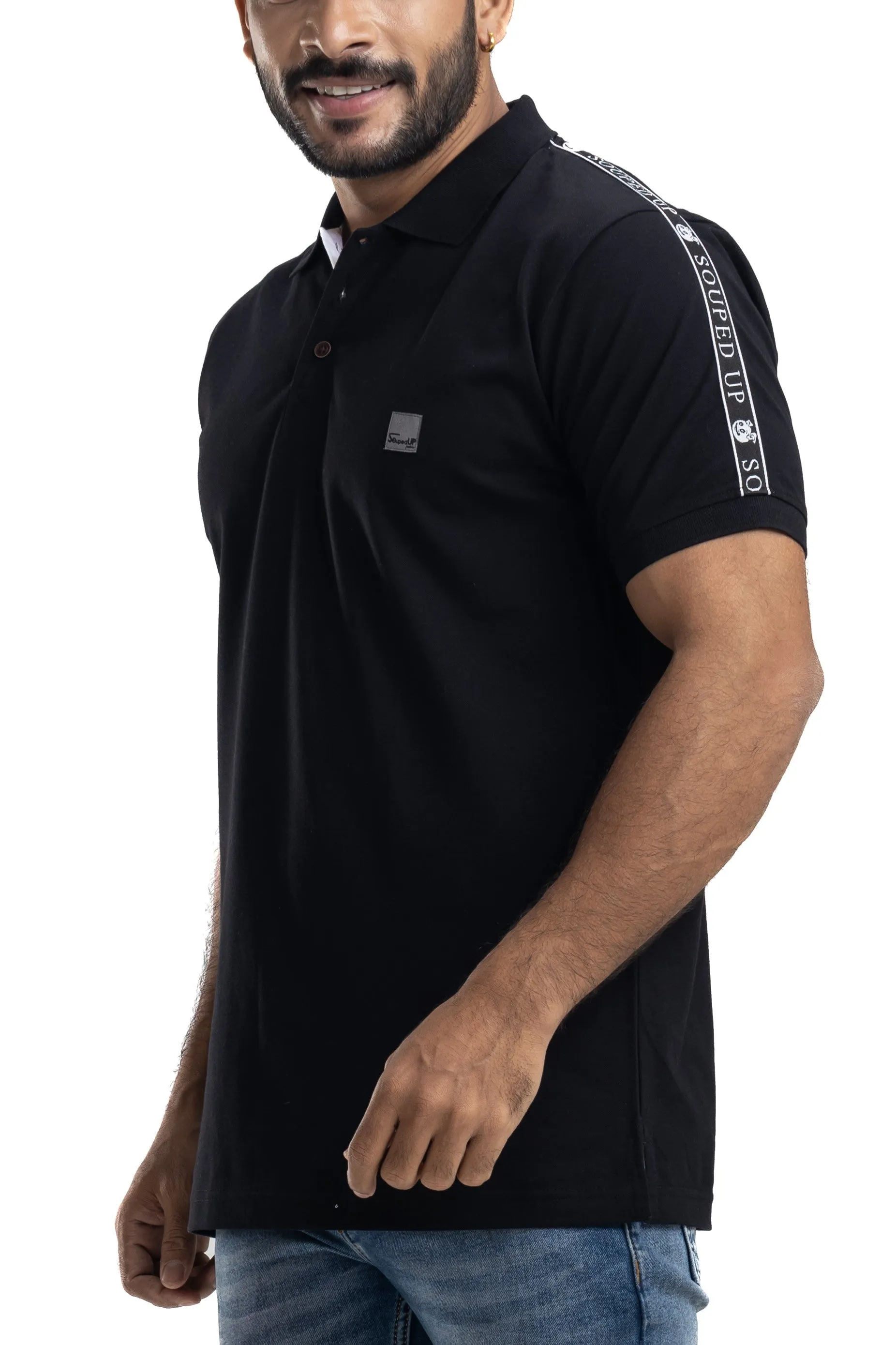 Solid Black Half Sleeves Cotton Polo T-Shirt