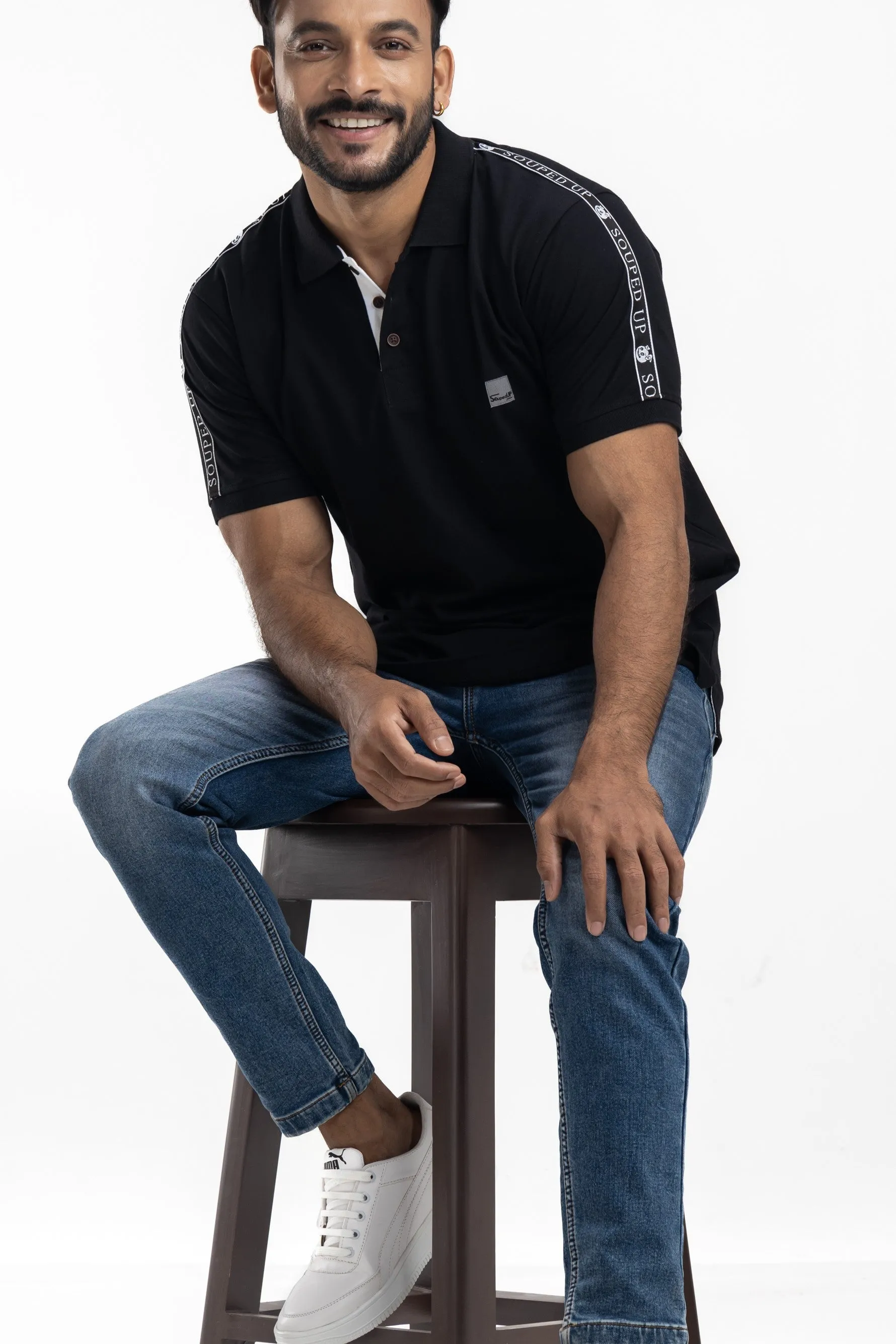 Solid Black Half Sleeves Cotton Polo T-Shirt