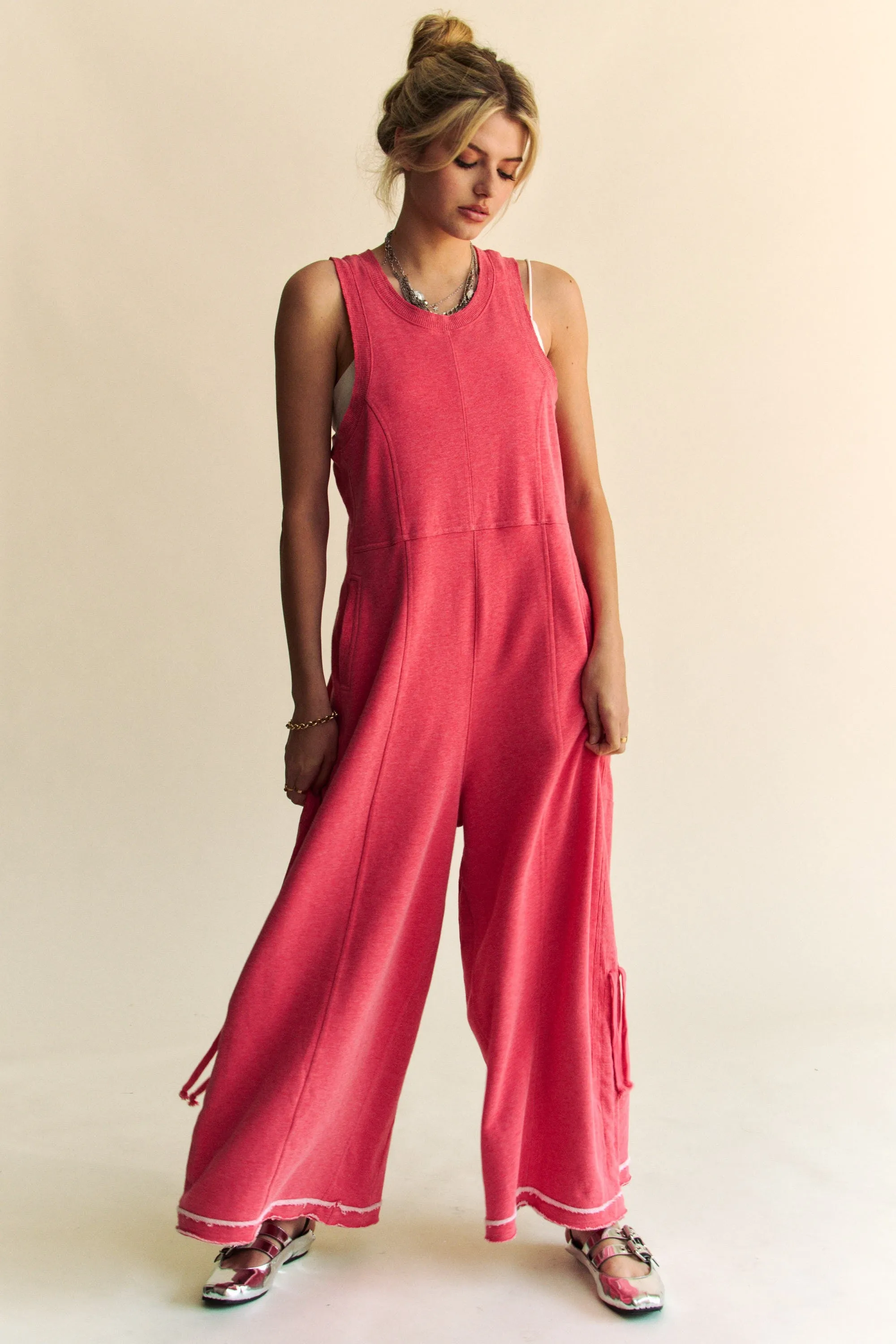 Stylish Ruched Detail Jumpsuit in Pink