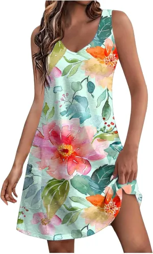 Summer Dresses for Women Casual Sleeveless V Neck Mini Dress with Pocket Floral Print Trendy 2025 Beach Sundress