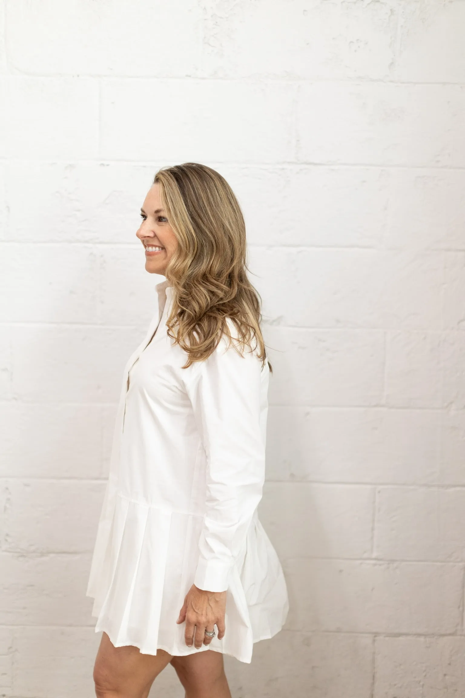 White Pleated Shirt Dress