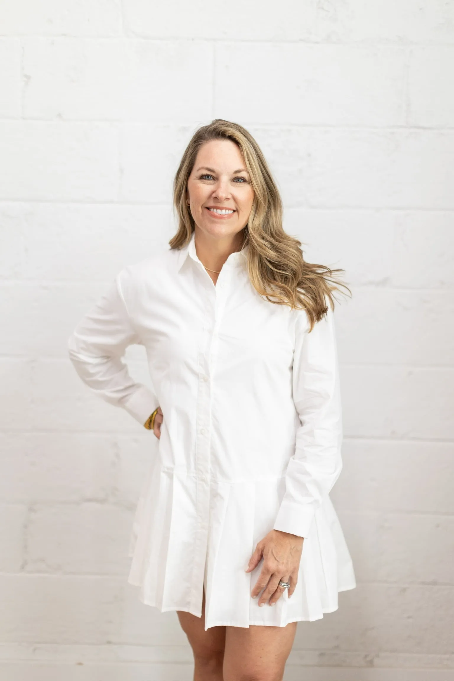 White Pleated Shirt Dress