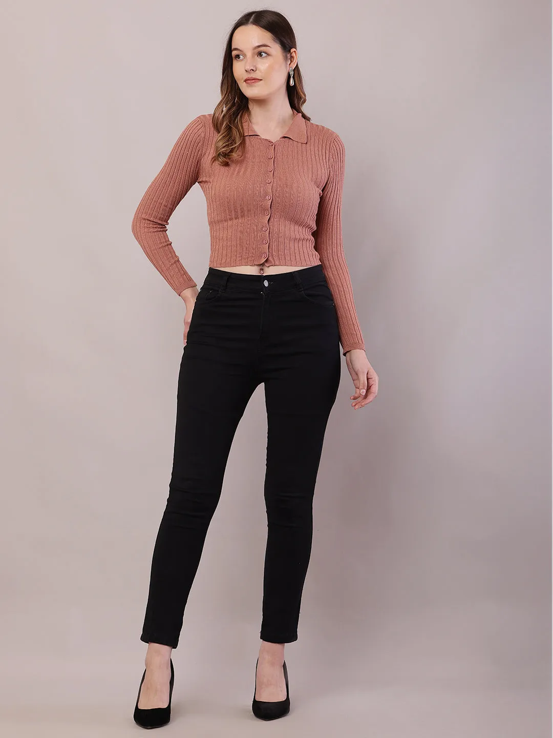 Women Black Viscose Ribbed Shirt Collar Cardigan